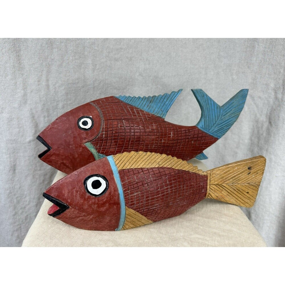 Vintage Mexican Folk Art Wooden Fish Hand Carved Hand Painted Set Of 2